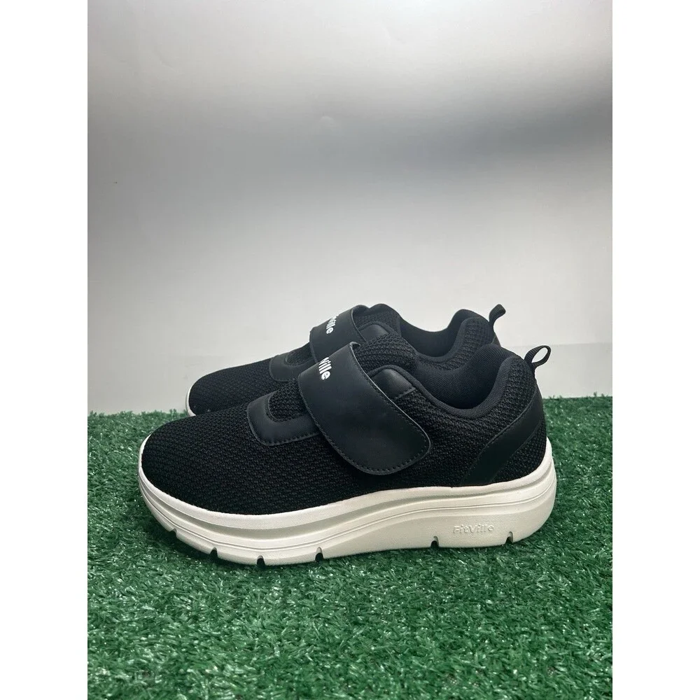 FitVille Womens 10 Extra Wide 10EW Black Walking Shoes Strap Rebound Core JBCWSV